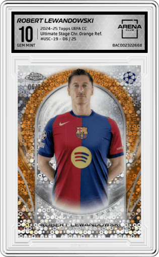 Robert Lewandowski  from the 2024-25 Topps UEFA Club Competitions set featuring a Orange Refractor parallel graded by Arena Club and given an overall grade of 10.
