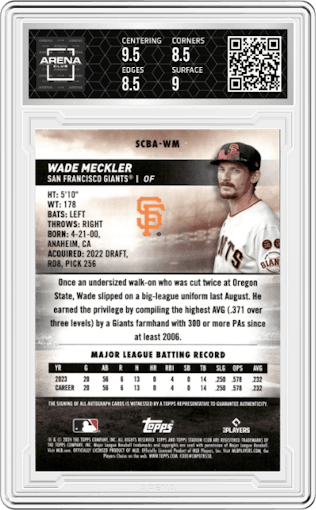 Wade Meckler from the 2024 Topps Stadium Club set graded by Arena Club and given an overall grade of 9.