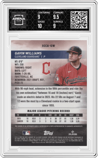 Gavin Williams from the 2024 Topps Stadium Club set graded by Arena Club and given an overall grade of 9.5.