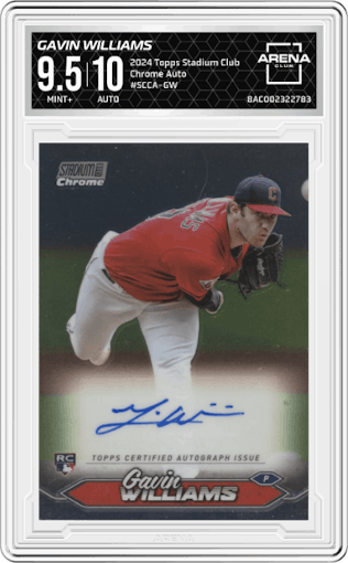 Gavin Williams from the 2024 Topps Stadium Club set graded by Arena Club and given an overall grade of 9.5.