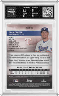 Evan Carter from the 2024 Topps Stadium Club set graded by Arena Club and given an overall grade of 9.5.