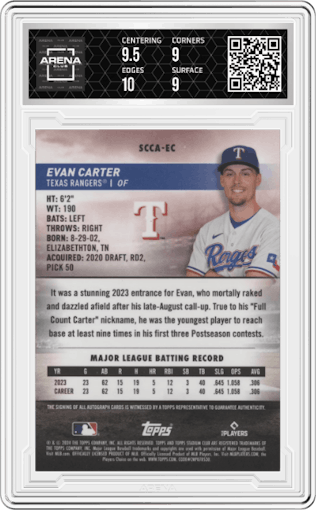 Evan Carter from the 2024 Topps Stadium Club set graded by Arena Club and given an overall grade of 9.5.