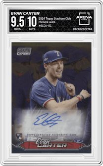 Evan Carter from the 2024 Topps Stadium Club set graded by Arena Club and given an overall grade of 9.5.