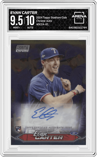 Evan Carter from the 2024 Topps Stadium Club set graded by Arena Club and given an overall grade of 9.5.
