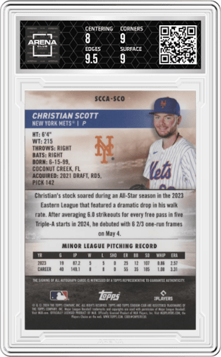 Christian Scott from the 2024 Topps Stadium Club set graded by Arena Club and given an overall grade of 8.5.