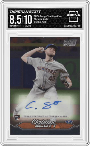 Christian Scott from the 2024 Topps Stadium Club set graded by Arena Club and given an overall grade of 8.5.