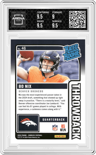 Bo Nix from the 2024 Donruss set graded by Arena Club and given an overall grade of 9.5.