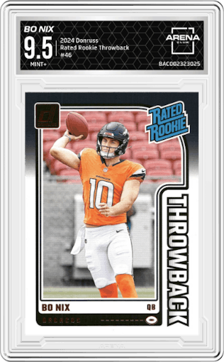 Bo Nix from the 2024 Donruss set graded by Arena Club and given an overall grade of 9.5.