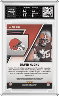 David Njoku from the 2023 Panini Zenith set featuring a Gold parallel graded by Arena Club and given an overall grade of 7.