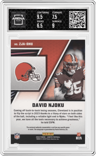 David Njoku from the 2023 Panini Zenith set featuring a Gold parallel graded by Arena Club and given an overall grade of 7.