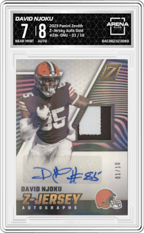 David Njoku from the 2023 Panini Zenith set featuring a Gold parallel graded by Arena Club and given an overall grade of 7.