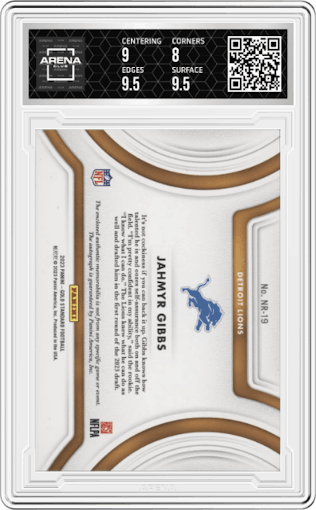 Jahmyr Gibbs from the 2023 Panini Gold Standard set graded by Arena Club and given an overall grade of 8.5.