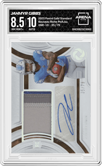 Jahmyr Gibbs from the 2023 Panini Gold Standard set graded by Arena Club and given an overall grade of 8.5.