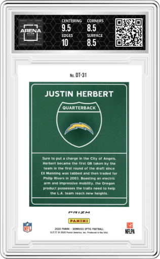 Justin Herbert from the 2020 Panini Donruss Optic set graded by Arena Club and given an overall grade of 9.