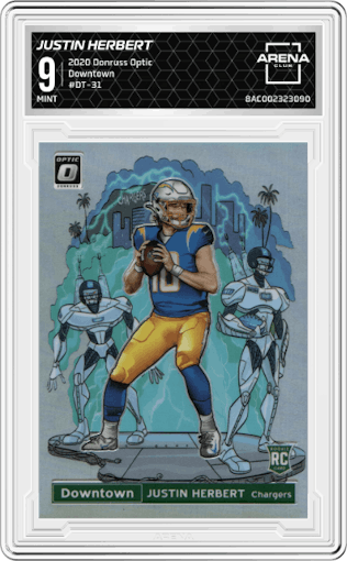 Justin Herbert from the 2020 Panini Donruss Optic set graded by Arena Club and given an overall grade of 9.