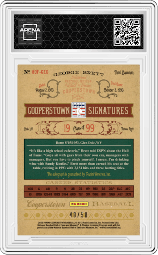 George Brett from the 2013 Panini Cooperstown set graded by Arena Club.