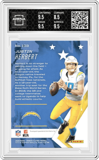 Justin Herbert from the 2020 Panini Rookies & Stars set graded by Arena Club and given an overall grade of 9.