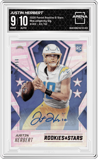 Justin Herbert from the 2020 Panini Rookies & Stars set graded by Arena Club and given an overall grade of 9.