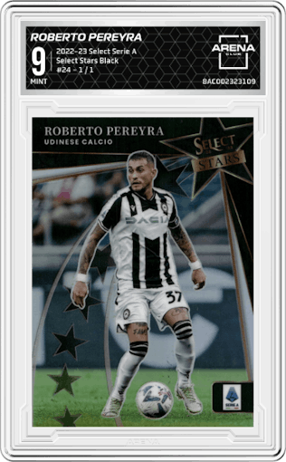 Roberto Pereyra  from the 2022-23 Panini Select Serie A set featuring a Black parallel graded by Arena Club and given an overall grade of 9.