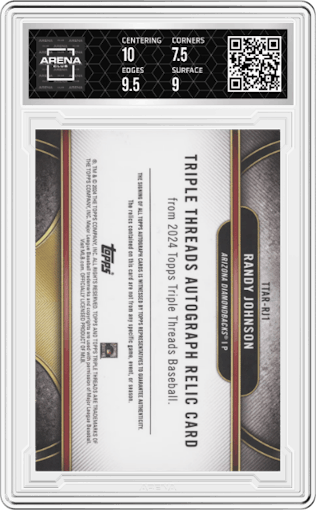 Randy Johnson  from the 2024 Topps Triple Threads set featuring a Emerald  parallel graded by Arena Club and given an overall grade of 8.