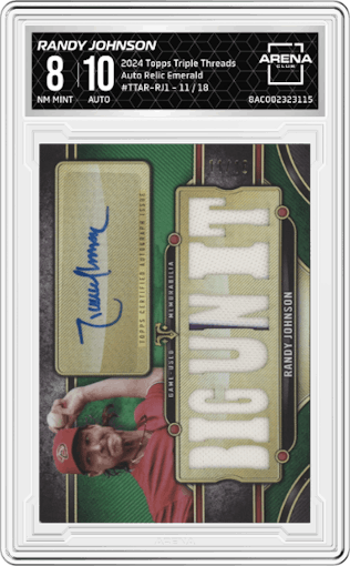 Randy Johnson  from the 2024 Topps Triple Threads set featuring a Emerald  parallel graded by Arena Club and given an overall grade of 8.