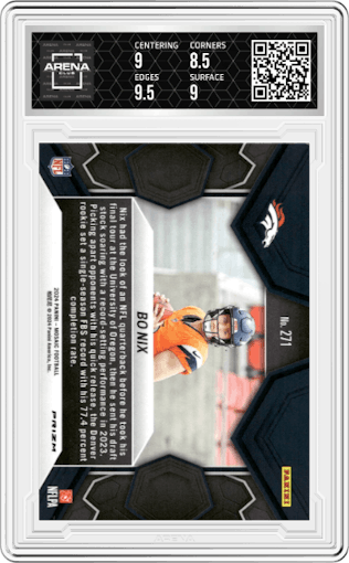 Bo Nix from the 2024 Panini Mosaic set featuring a Reactive Yellow parallel graded by Arena Club and given an overall grade of 9.