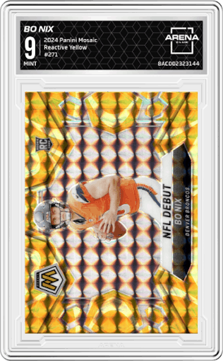 Bo Nix from the 2024 Panini Mosaic set featuring a Reactive Yellow parallel graded by Arena Club and given an overall grade of 9.