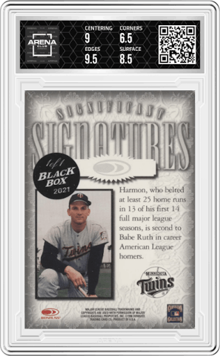 Harmon Killebrew from the 1998 Donruss Signature Series set featuring a Black Box 2021 parallel graded by Arena Club and given an overall grade of 7.