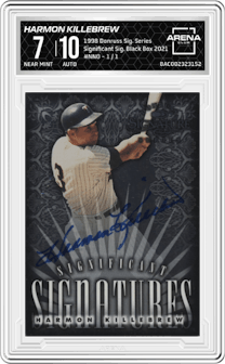 Harmon Killebrew from the 1998 Donruss Signature Series set featuring a Black Box 2021 parallel graded by Arena Club and given an overall grade of 7.