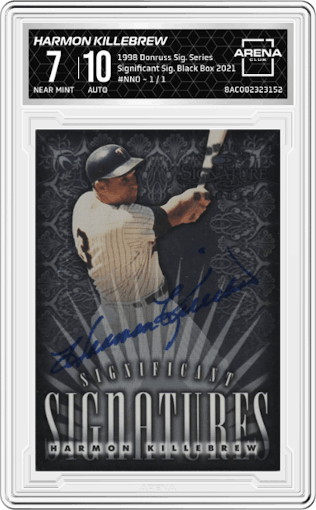 Harmon Killebrew from the 1998 Donruss Signature Series set featuring a Black Box 2021 parallel graded by Arena Club and given an overall grade of 7.