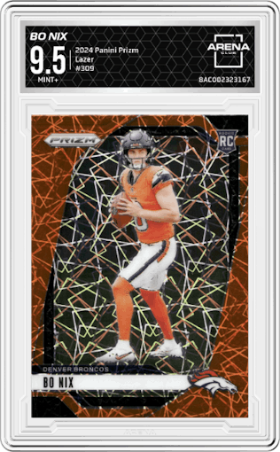 Bo Nix from the 2024 Panini Prizm set featuring a Lazer Prizm parallel graded by Arena Club and given an overall grade of 9.5.