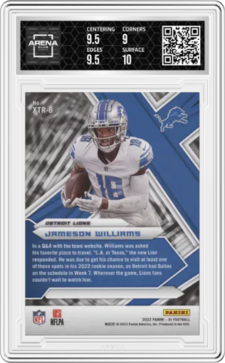 Jameson Williams from the 2022 Panini XR set featuring a Purple parallel graded by Arena Club and given an overall grade of 9.5.