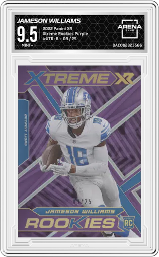 Jameson Williams from the 2022 Panini XR set featuring a Purple parallel graded by Arena Club and given an overall grade of 9.5.
