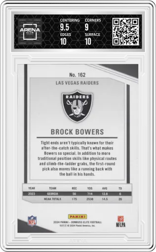 Brock Bowers from the 2024 Panini Donruss Elite set featuring a Orange parallel graded by Arena Club and given an overall grade of 9.5.