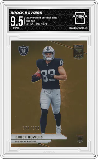 Brock Bowers from the 2024 Panini Donruss Elite set featuring a Orange parallel graded by Arena Club and given an overall grade of 9.5.