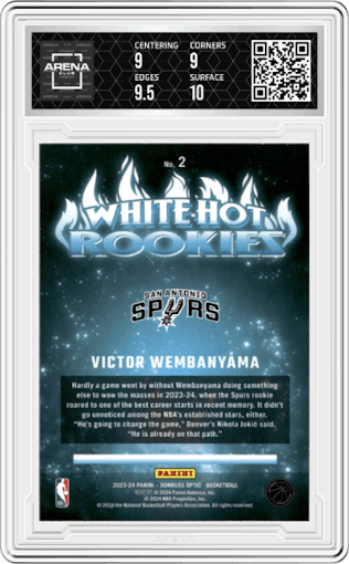 Victor Wembanyama from the 2023-24 Donruss Optic set graded by Arena Club and given an overall grade of 9.5.
