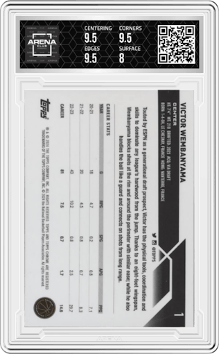 Victor Wembanyama from the 2023-24 Topps Chrome set graded by Arena Club and given an overall grade of 8.5.