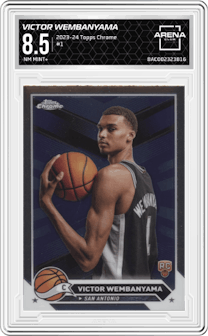 Victor Wembanyama from the 2023-24 Topps Chrome set graded by Arena Club and given an overall grade of 8.5.
