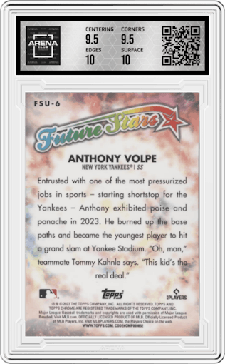 Anthony Volpe from the 2023 Topps Chrome Update set graded by Arena Club and given an overall grade of 10.