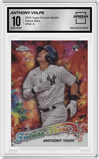 Anthony Volpe from the 2023 Topps Chrome Update set graded by Arena Club and given an overall grade of 10.