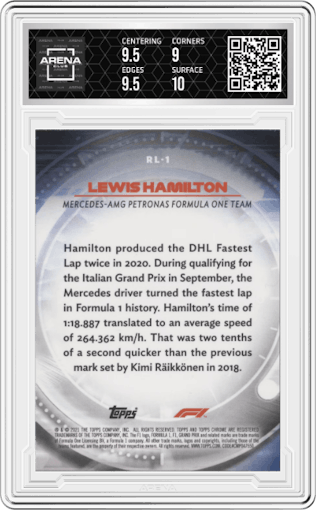 Lewis Hamilton from the 2021 Topps Chrome F1  set graded by Arena Club and given an overall grade of 9.5.