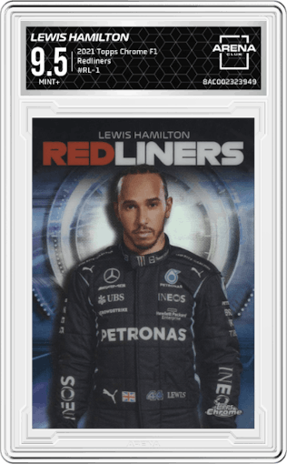 Lewis Hamilton from the 2021 Topps Chrome F1  set graded by Arena Club and given an overall grade of 9.5.