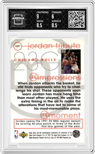 Michael Jordan from the 1997-98 Upper Deck Michael Jordan Tribute set graded by Arena Club and given an overall grade of 6.5.