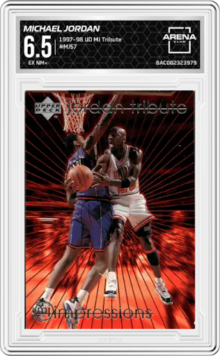 Michael Jordan from the 1997-98 Upper Deck Michael Jordan Tribute set graded by Arena Club and given an overall grade of 6.5.