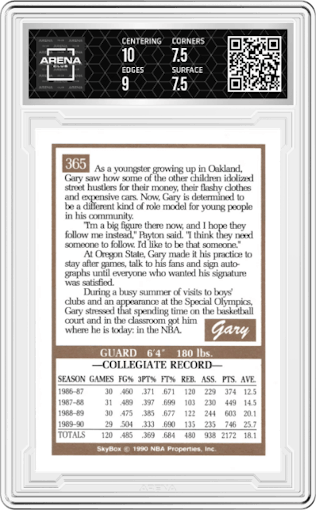 Gary Payton from the 1990-91 SkyBox  set graded by Arena Club and given an overall grade of 8.