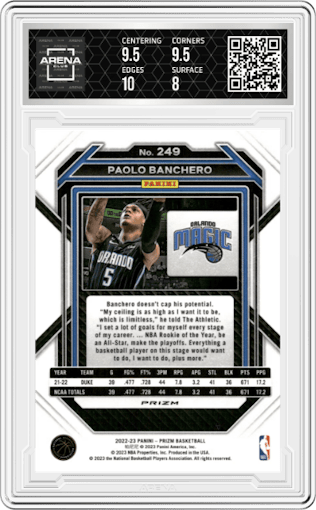 Paolo Banchero from the 2022-23 Panini Prizm  set featuring a Ice Prizm parallel graded by Arena Club and given an overall grade of 8.5.