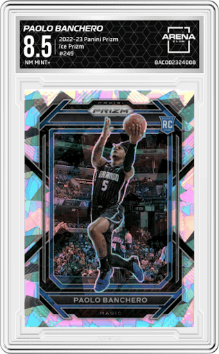 Paolo Banchero from the 2022-23 Panini Prizm  set featuring a Ice Prizm parallel graded by Arena Club and given an overall grade of 8.5.