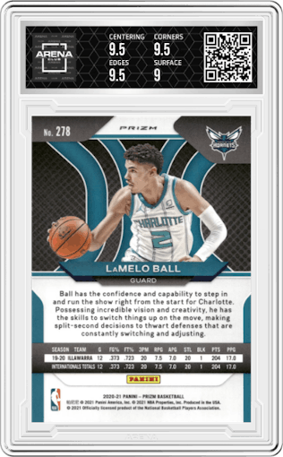 LaMelo Ball from the 2020-21 Panini Prizm set featuring a Pink Ice parallel graded by Arena Club and given an overall grade of 9.5.