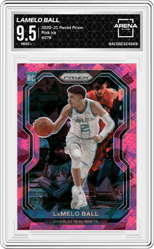 LaMelo Ball from the 2020-21 Panini Prizm set featuring a Pink Ice parallel graded by Arena Club and given an overall grade of 9.5.
