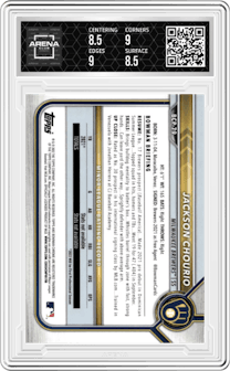 Jackson Chourio from the 2022 Bowman set featuring a Atomic Refractor parallel graded by Arena Club and given an overall grade of 9.